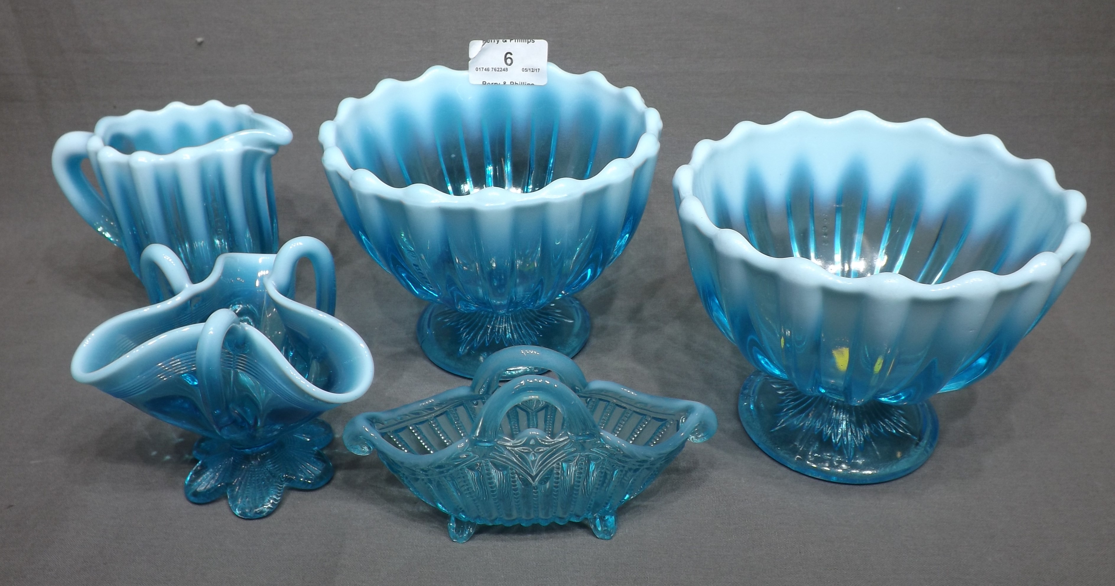 Five Pieces Of Davidson S Blue Pearline Glass Including A Pair Of Stem Sugar Bowls 5 5 Diameter