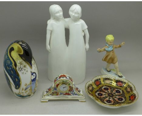 Royal Crown Derby including a paperweight with silver stopper, an Old Imari pin dish, an Arita miniature clock, a Coalport fi