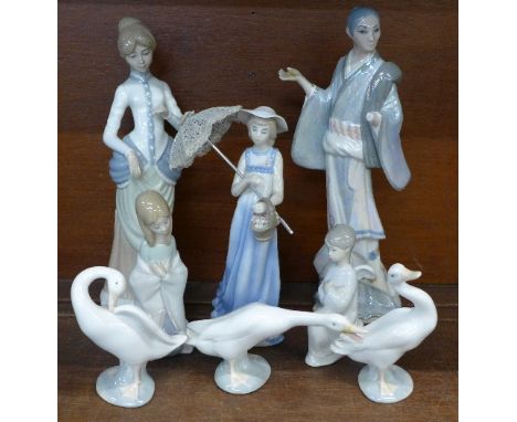 A Lladro figure of a girl kneeling, three Lladro geese, one a/f and other Spanish figures, etc.