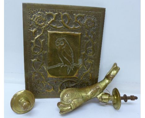 A heavy brass fish door knocker and an Arts and Crafts style blotter cover