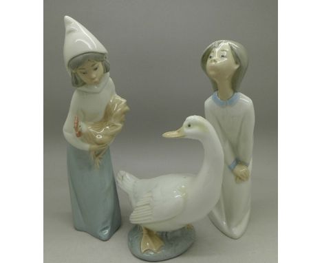 Two Lladro figures and a Nao goose