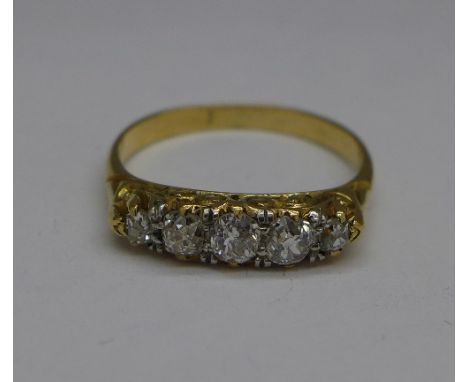 A five stone diamond ring, 3g, N, hallmark worn
