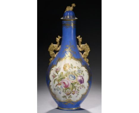 A STAFFORDSHIRE DRAGON HANDLED BLUE GROUND BOGTTLE SHAPED VASE AND COVER, C1840 THE VASE PAINTED TO EITHER SIDE WITH A PANEL 