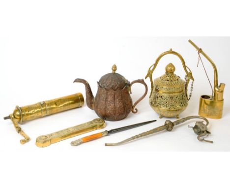 A SOUTH EAST ASIAN COPPER REPOUSSÉ TEAPOT AND COVER, PROBABLY TIBETAN, 18CM H, A BRASS OPIUM PIPE AND OTHER DECORATIVE METALW