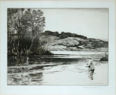 NORMAN WILKINSON, LEAPING SALMON; AN ANGLER, TWO, ETCHINGS, BOTH SIGNED BY THE ARTIST IN PENCIL, 20 X 26CM AND SLIGHTLY LARGE