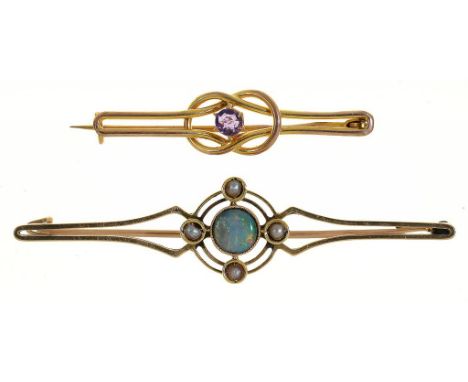 AN AMETHYST KNOT BAR BROOCH, IN GOLD, INDISTINCTLY MARKED AND AN OPAL AND DIAMOND BAR BROOCH, IN GOLD, 4G