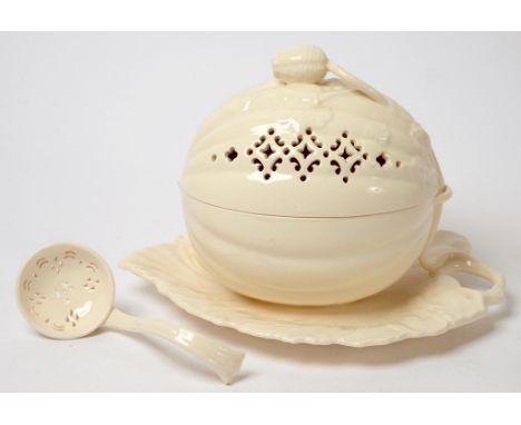 A MODERN LEEDS 'CREAMWARE' MELON TUREEN, COVER AND LADLE ON AFFIXED LEAF SHAPED STAND, 27CM W, PRINTED MARK