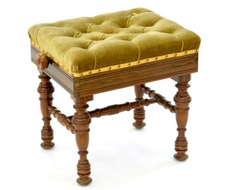 A VICTORIAN ROSEWOOD PIANO STOOL, ON TURNED LEGS 