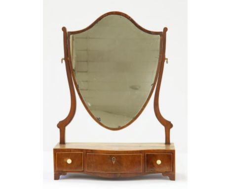 A VICTORIAN INLAID MAHOGANY SHIELD SHAPED DRESSING MIRROR AND TWO PAIRS OF VICTORIAN MAHOGANY DINING CHAIRS