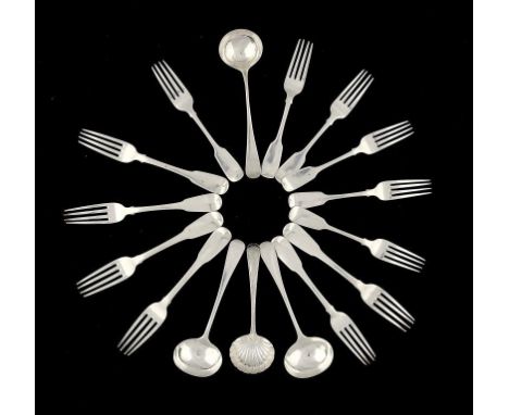 A SET OF SIX SCOTTISH GEORGE IV SILVER TABLE FORKS, FIDDLE PATTERN, BY J MCKAY, EDINBURGH 1820 AND 22, A SET OF SIX VICTORIAN