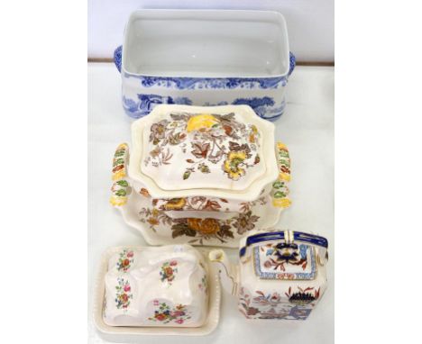 A SPODE BLUE PRINTED EARTHENWARE ITALIAN PATTERN JARDINIERE, 39CM W OVER HANDLES, A MASON'S IRONSTONE ORIENTAL PATTERN KETTLE