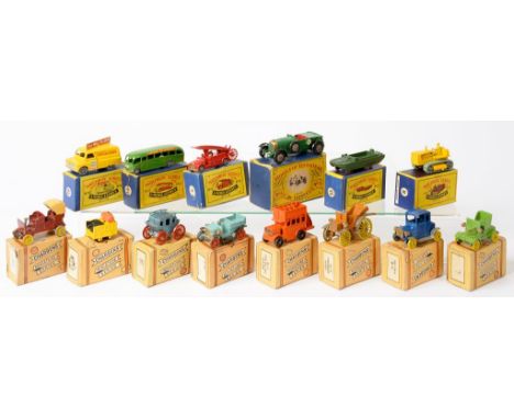 FIVE LESNEY DIE-CAST MATCHBOX 1-75 SERIES VEHICLES, INCLUDING BEDFORD VAN 42A, MODELS OF YESTERYEAR Y5 BENTLEY AND EIGHT CHAR