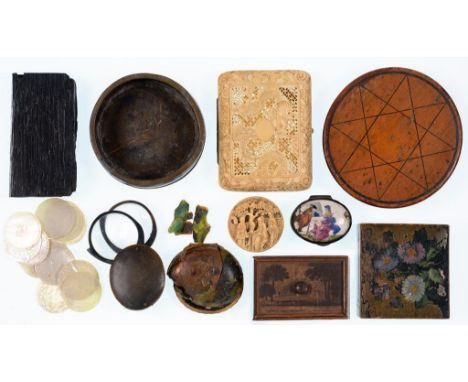 A CANTON CARVED AND PIERCED IVORY CHEROOT CASE, 8CM W, 19TH C, A CANTON CARVED IVORY COUNTER BOX AND COVER, 19TH C, CONTAININ