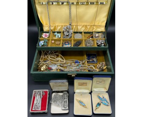 Jewellery box containing a quantity of costume jewellery to include Celtic design pendants, brooches, Pearl necklaces, Paua s