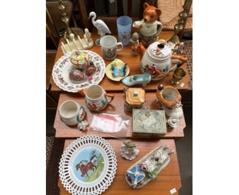 Collection of odds to include fox hunting tea pot, sugar and cream, Lurpark  toast rack, Pair of brass candle sticks etc 