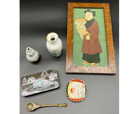 Collection of Chinese collectables to include Lac Burgaute Japanned mother of pearl tin box, Chinese double Gourd porcelain s