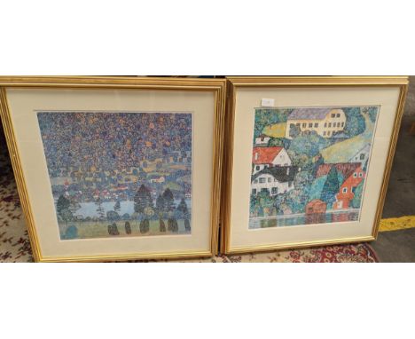 Lot of two framed prints depicting sea village scenes 