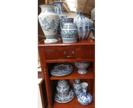 Various blue and white ware to include lamp, vase, pots and plates. 