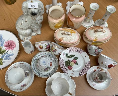 A Collection of porcelain collectables to include hand painted Dresden cups, Worcester and candlesticks etc 