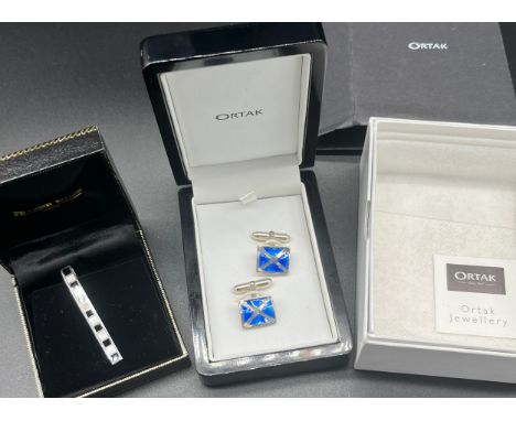 A pair of Ortak silver and enamel Scotland flag cufflinks with box, together with a Fraser Hart Silver, mother of pearl and b