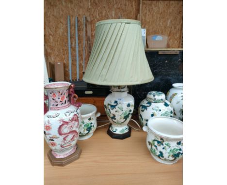 Masons Ironstone chartreuse pattern table lamp planters , ginger jar together with masons dragon pattern vase as found in are