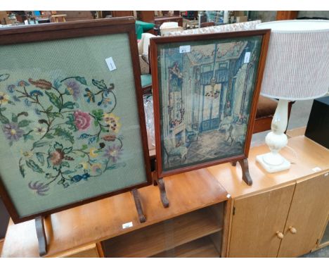 2 vintage tapestry fire screens together with onyx style table lamp 