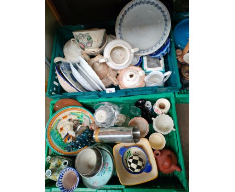 2 Boxes of collectables includes oriental small bowl , Quimper plate etc 