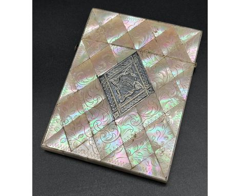 Antique Mother of pearl card case. Inlaid with a silver cartouche. [10.5x8cm] 