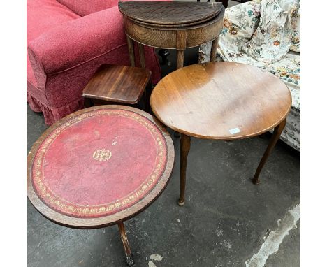 Four various tables. Leather top drum table, flip top card table- as found and to others. 