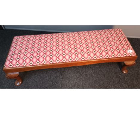 Antique long foot stool, the rectangular seat upholstered with tapestry, raised on cabriole legs [32x113x41cm] 