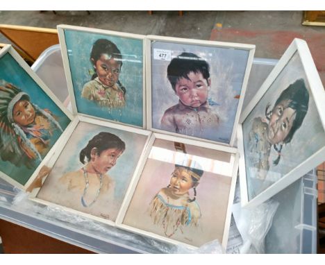 Set of 6 vintage water colours depicting Indian children signed oxborough all framed 
