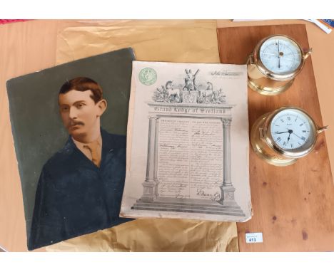 German made brass Kundo clock and barometer together with masonic lodge certificate and portrait. 