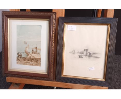 Orginial watercolour 'The Harbour, St Andrews ' 1870 Signed T.H [32X26cm]Along with sketch depicting ship and for, Signed Loc