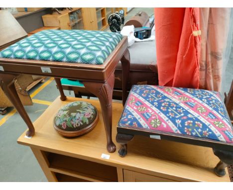 Antique beaded stool together with 2 vintage piano stools 