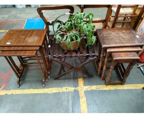 2 vintage nest of tables , vintage folding garden table together with jelly pan with plant 