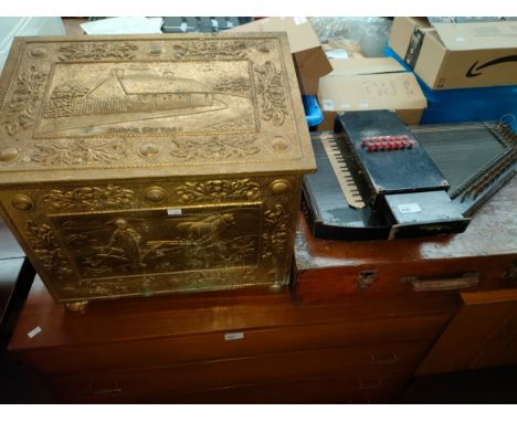 Vintage zither musical instrument with casing together with brass Scottish coal / log box with Robert burns house on top pane