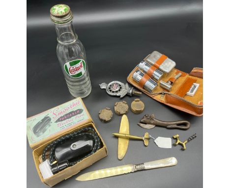 A Collection of odds to include Vintage motor car Castrol motor oil glass bottle, Three vintage brass Shell &amp; Pratts petr