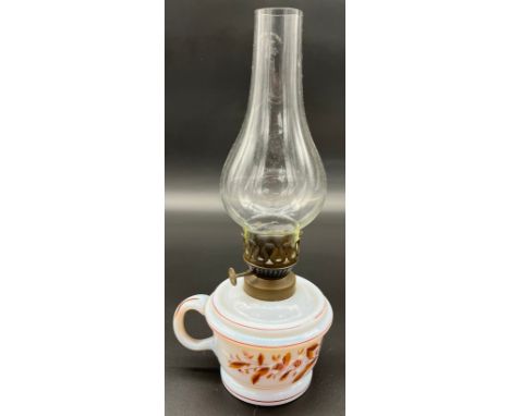 Antique Opalescent/ Vaseline glass paraffin handheld lamp. Showing hand painted design to the sides. [29.5cm high] 