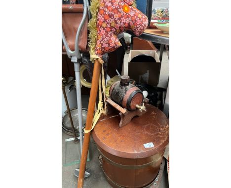 Barrel coal box, Barrel decanter, Shooting stick, horse toy and box of odds 