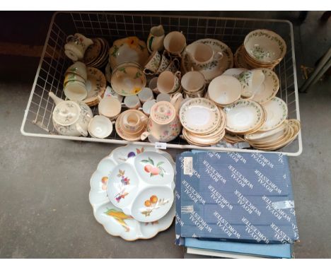 Box of tea wares together with Royal Worcester cheese dishes 