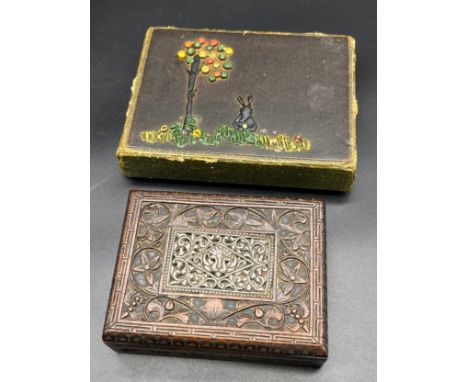 Small hand carved stamp box with silver inlaid section to the lid. Together with a box of vintage playing card decks. 