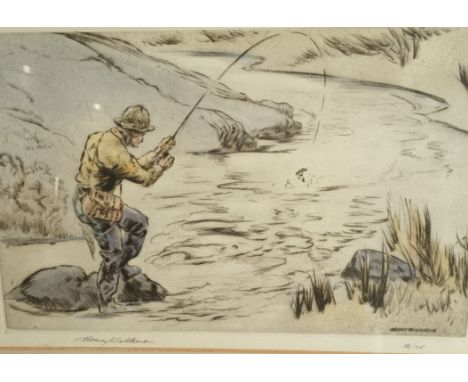 Framed coloured etching depicting a fisherman catching a fish. Signed Henry Wilkinson, Signed in pencil by the artist. [44x57