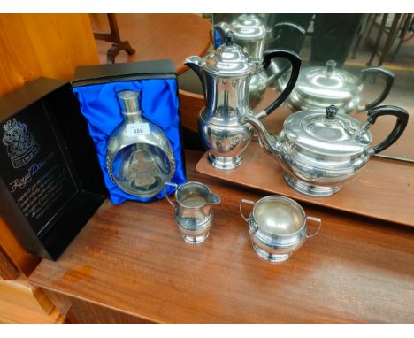 Silver plated dimple whisky decanter together with silver plated tea service 