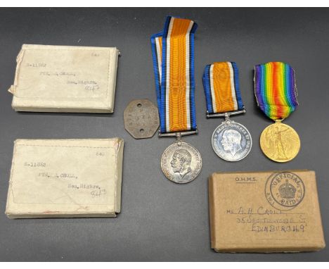 Three WW1 Medals belonging to the same family. War and Victory medal belonging to 4466 CPL. A. H. CROLL. SEAFORTH. War medal 