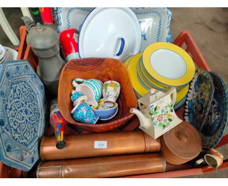 Large crate of collectables includes pewter 13/16 stein , trench art style vases, Celtic blue and white plate  etc 