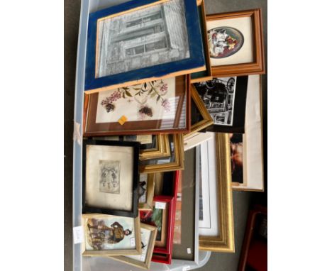 Box of artworks and prints. Includes 19th century engraving, Framed silk cigarette cards, tapestry oriental scene. 