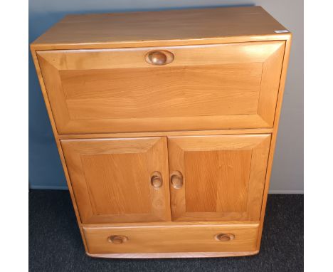 Vintage 1970's Ercol 'Windsor' elm light wood secretary/bureau on wheels [110x83x44cm] 