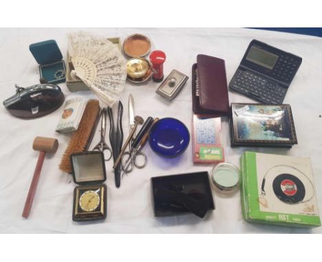 TWO CARTONS OF VARIOUS BRIC-A-BRAC INCL; PISTOL TABLE LIGHTER, CALCULATORS, SCISSORS