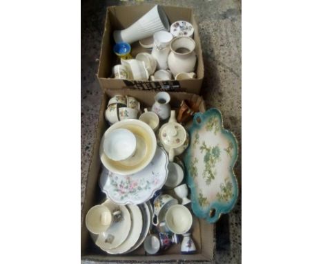 TWO CARTONS OF MIXED CHINAWARE INCL; A PLATE CLOCK, VASES, COMMEMORATIVE CUPS &amp; SAUCERS, TEA POTS