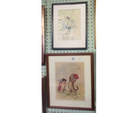 LOUIS WAIN, CATS PLAYING GOLF, COLOUR PRINT TOGETHER WITH ANOTHER BY LOUIS WAIN. ''A LIVELY CATCH!''